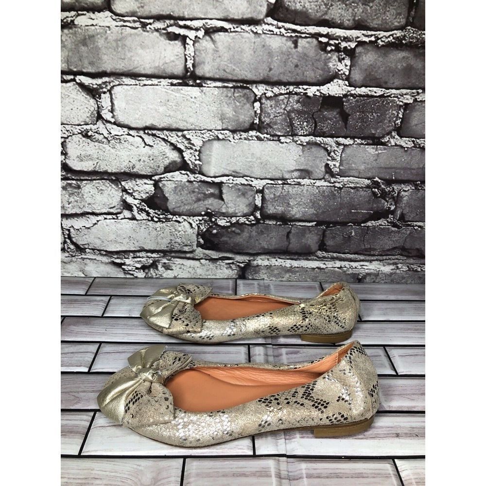 Jay Adoni Silver Leather Bow Snake Print Leather Ballet Flats Shoes Women’s 5.5M